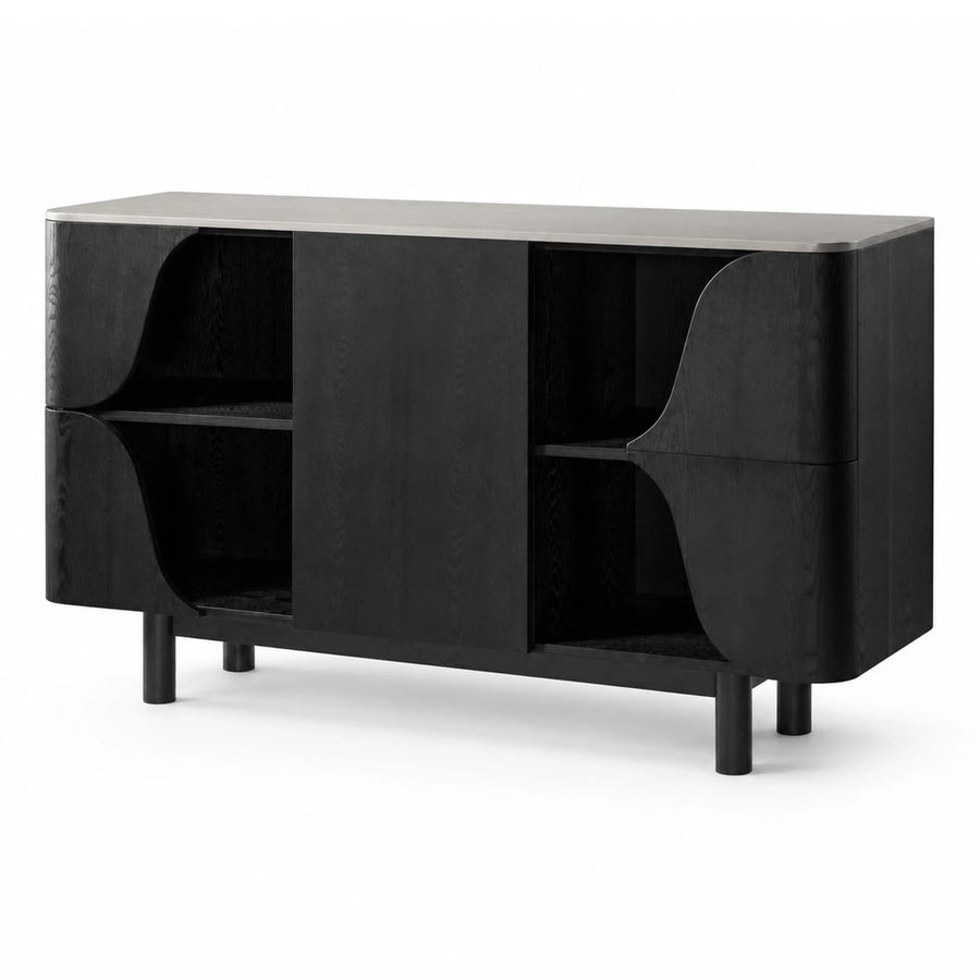 Black Wood Sideboard with Curved Doors and Open Shelving