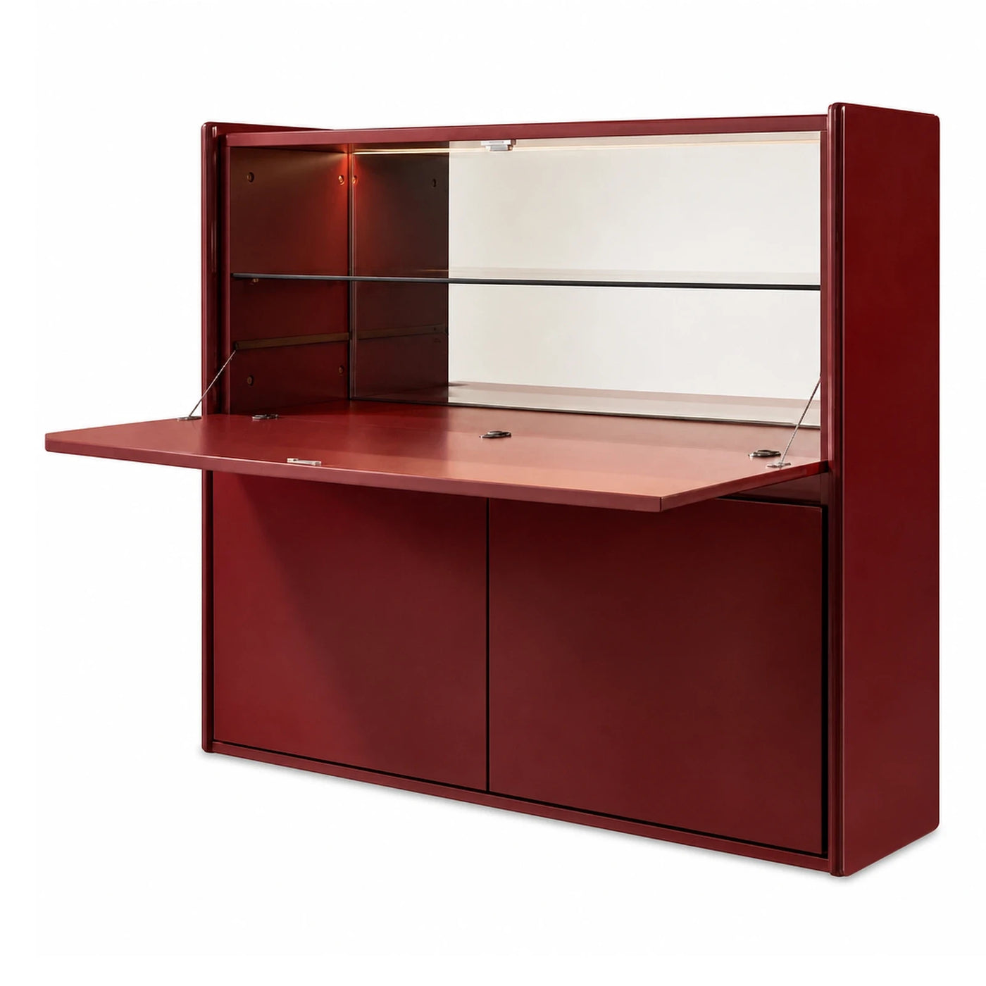 Red Wall-Mounted Drop-Leaf Desk with Glass Display Cabinet
