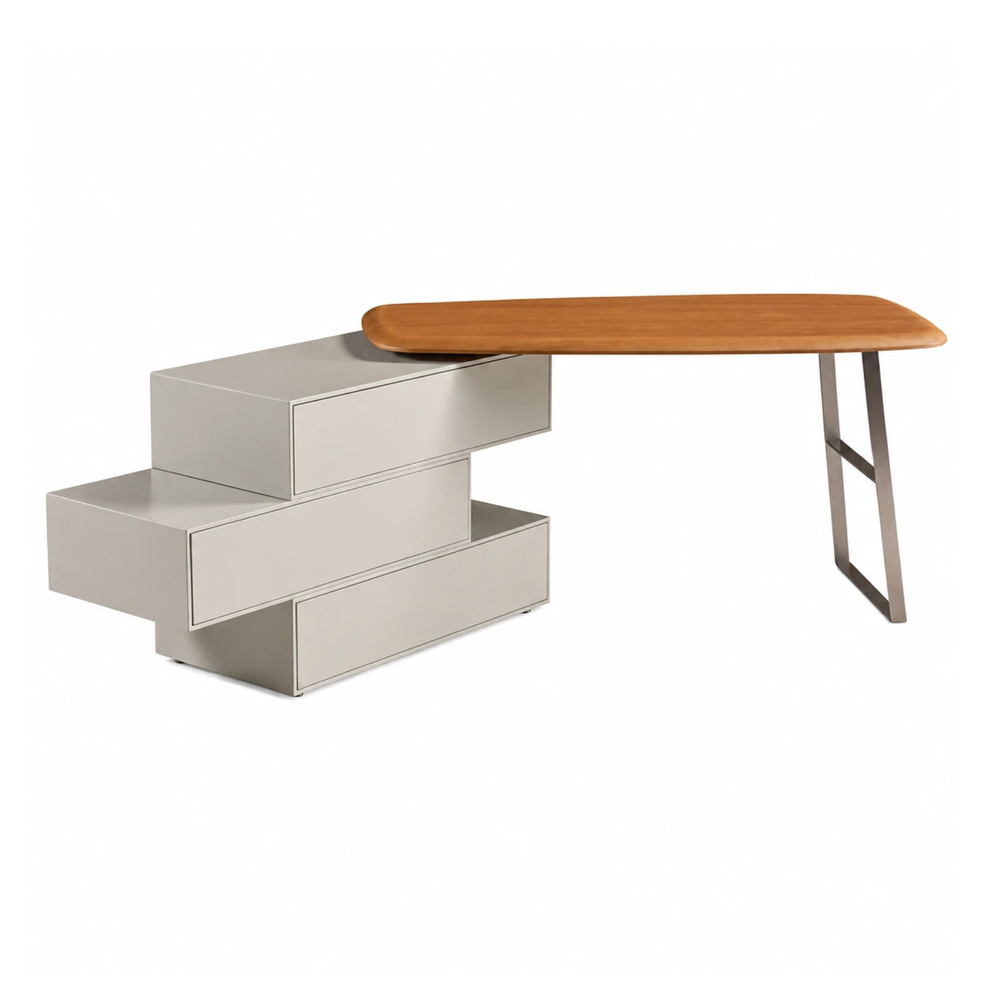 Modern L-Shaped Desk with Wood Top and Grey Drawers