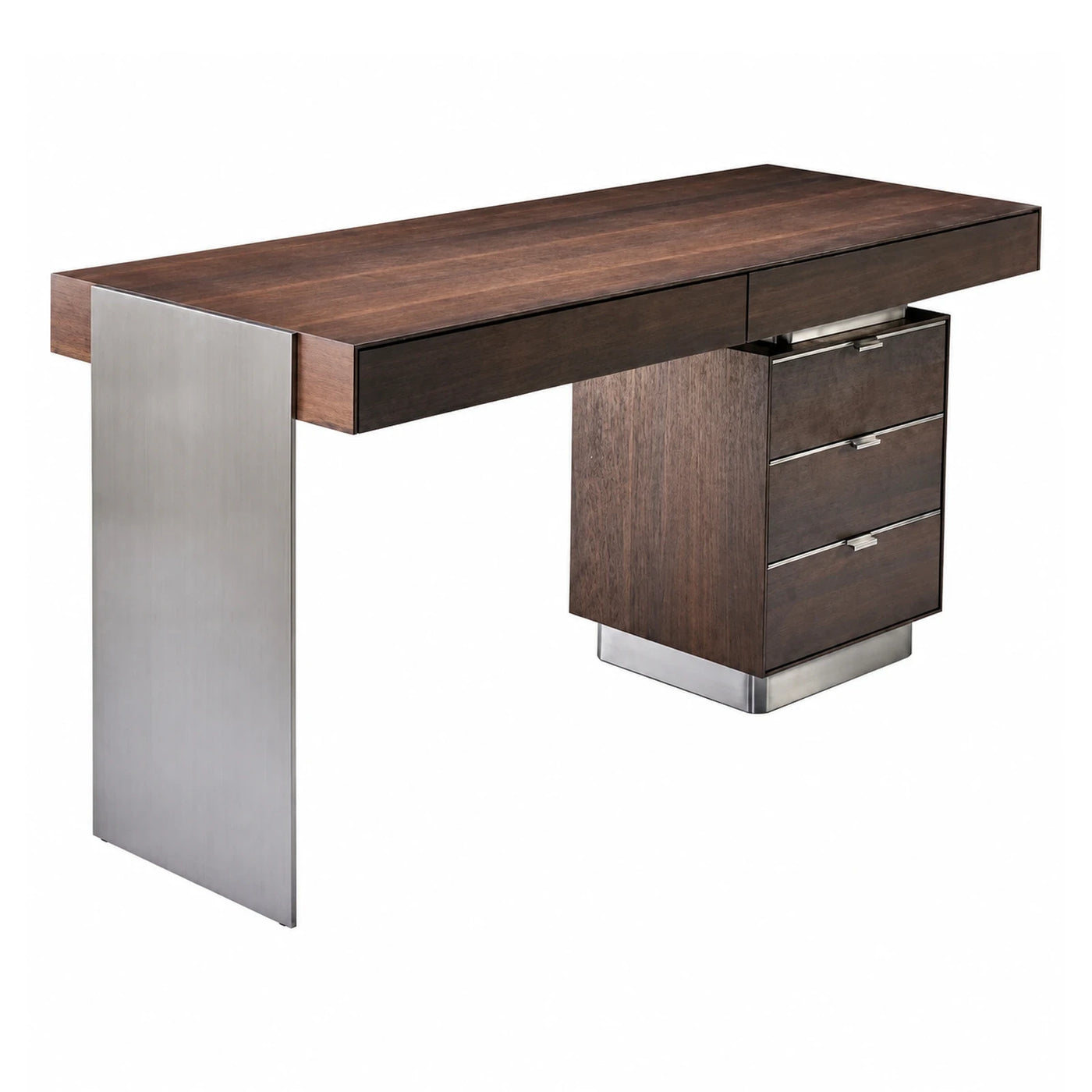 Modern Walnut Wood Desk with Metal Panel and Drawers