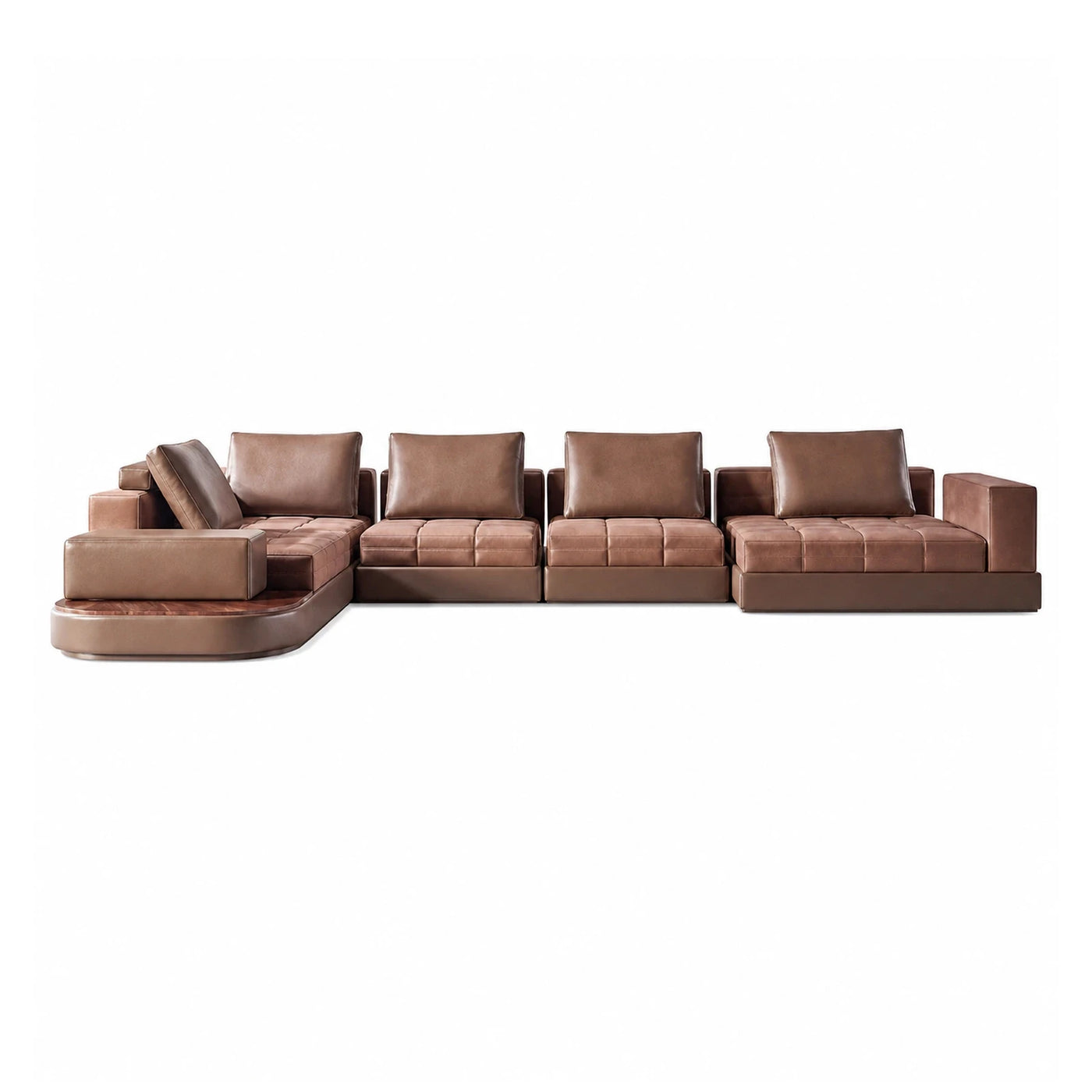 Brown Leather Modular Sectional Sofa with Wood Accent