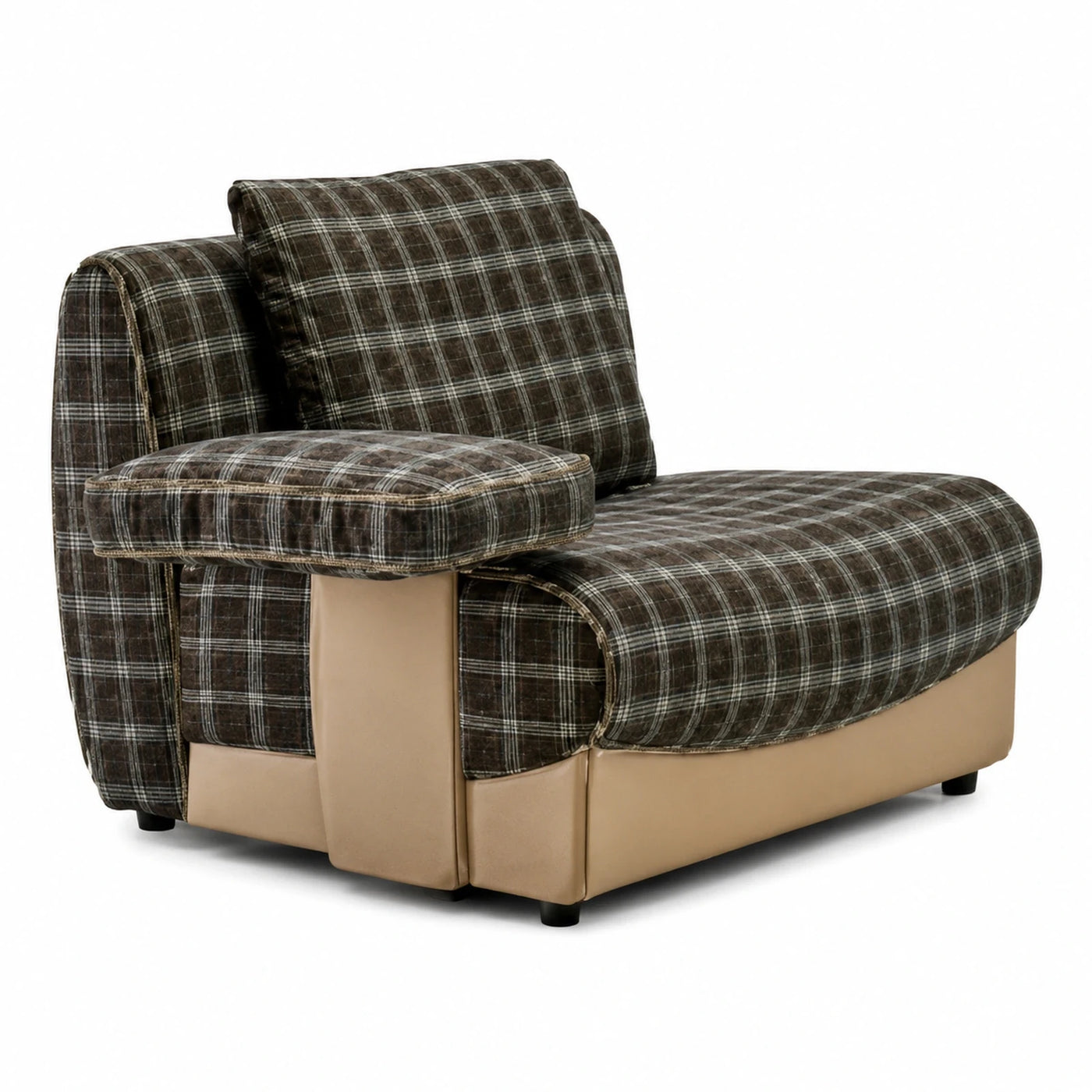 Brown Plaid Convertible Sofa Bed with Armrest