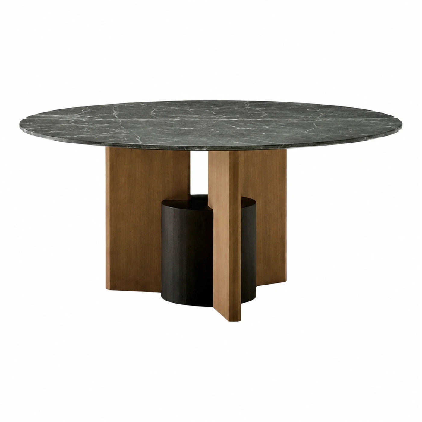 Round Green Marble Top Dining Table with Wood Base