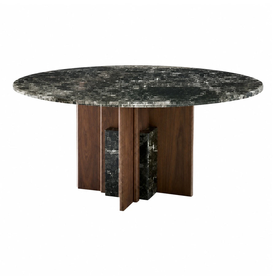 Round Dark Marble Top Dining Table with Wood Base