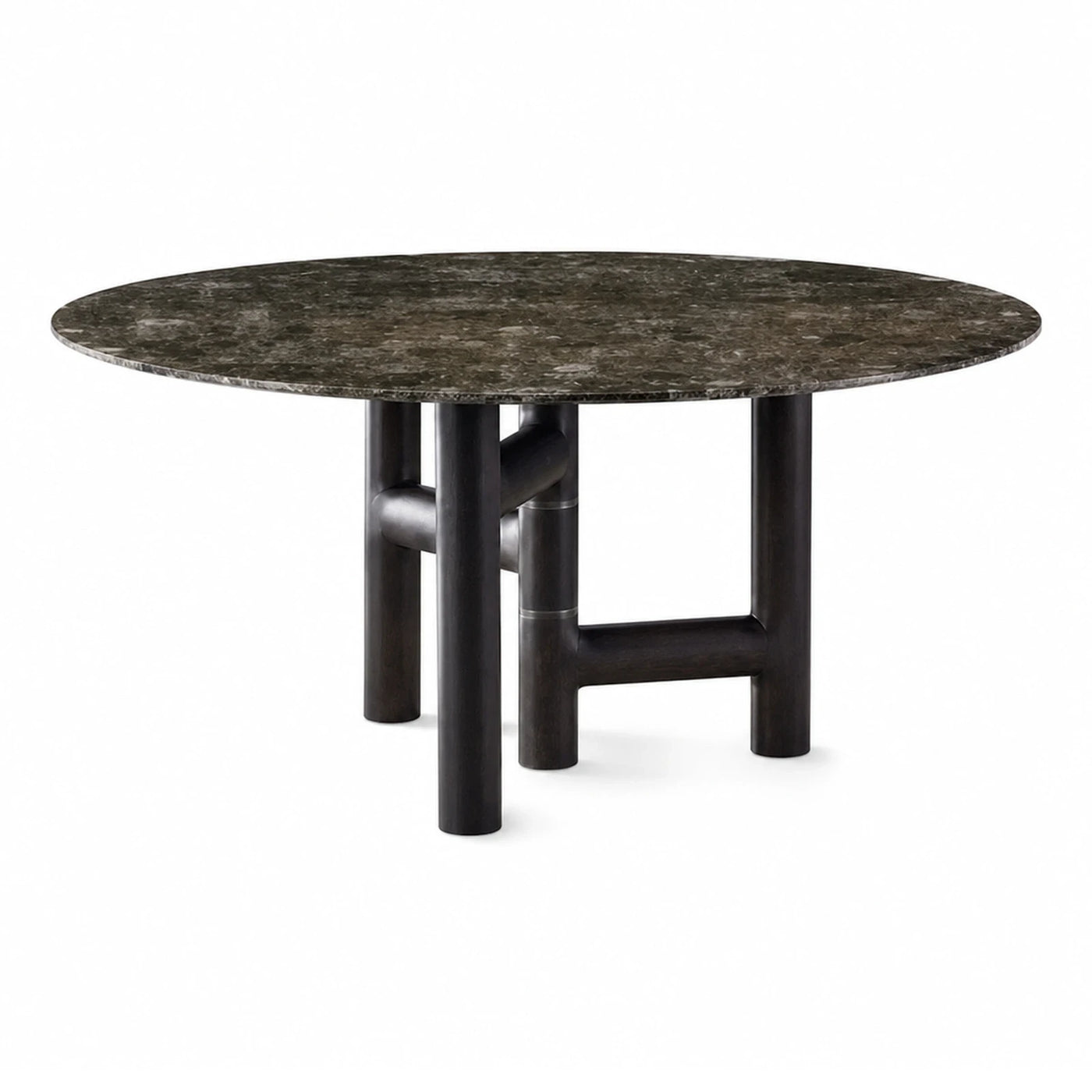 Round Dark Marble Top Dining Table with Cylindrical Base