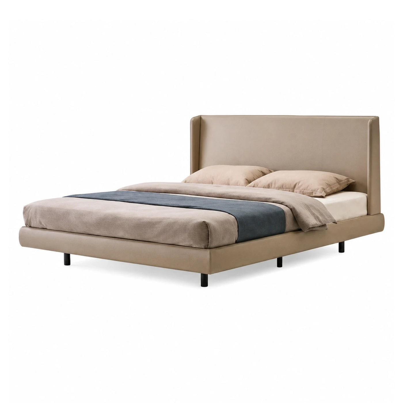 Beige Upholstered Platform Bed with Tall Headboard
