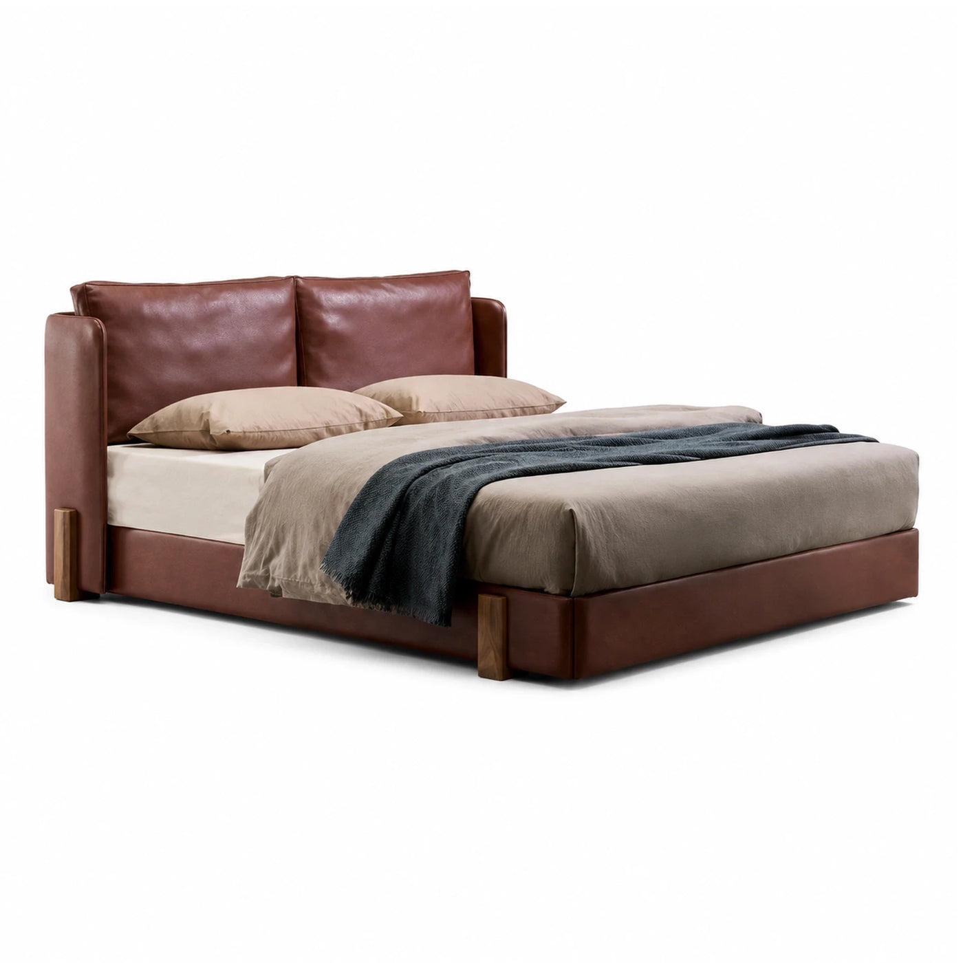 Brown Leather Platform Bed with Wooden Legs