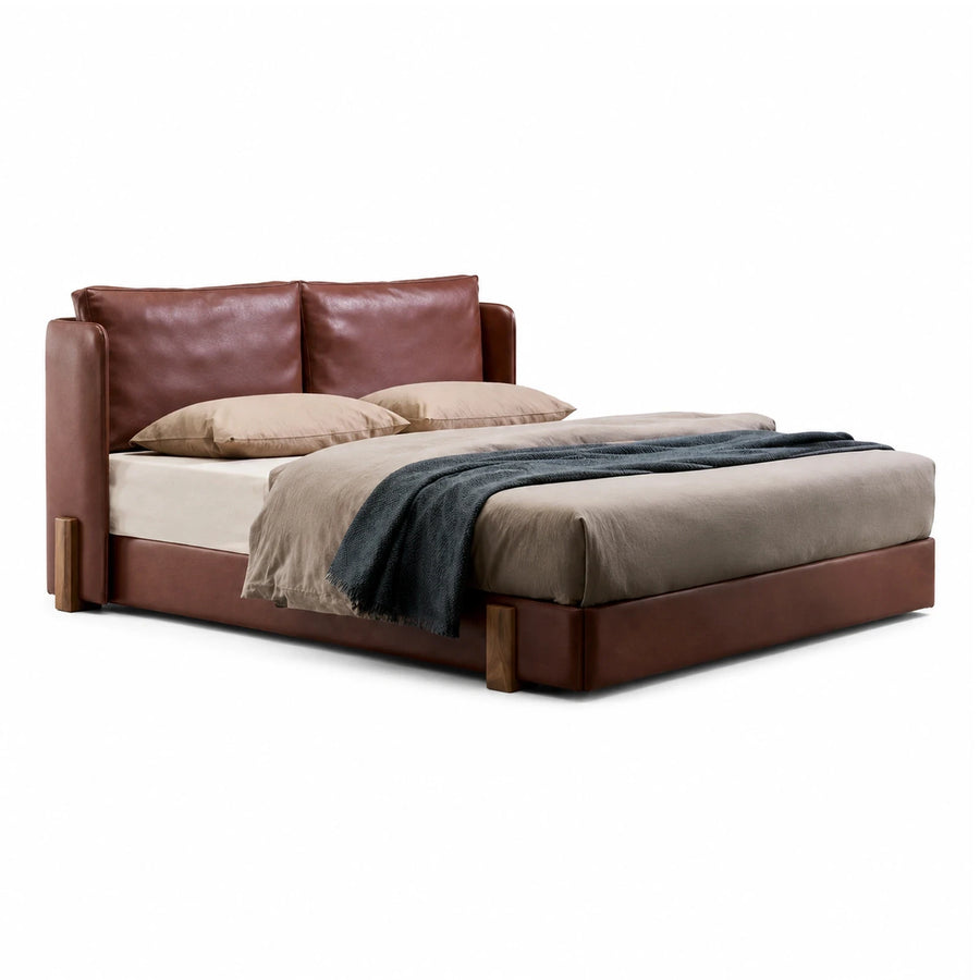 Brown Leather Platform Bed with Wooden Legs