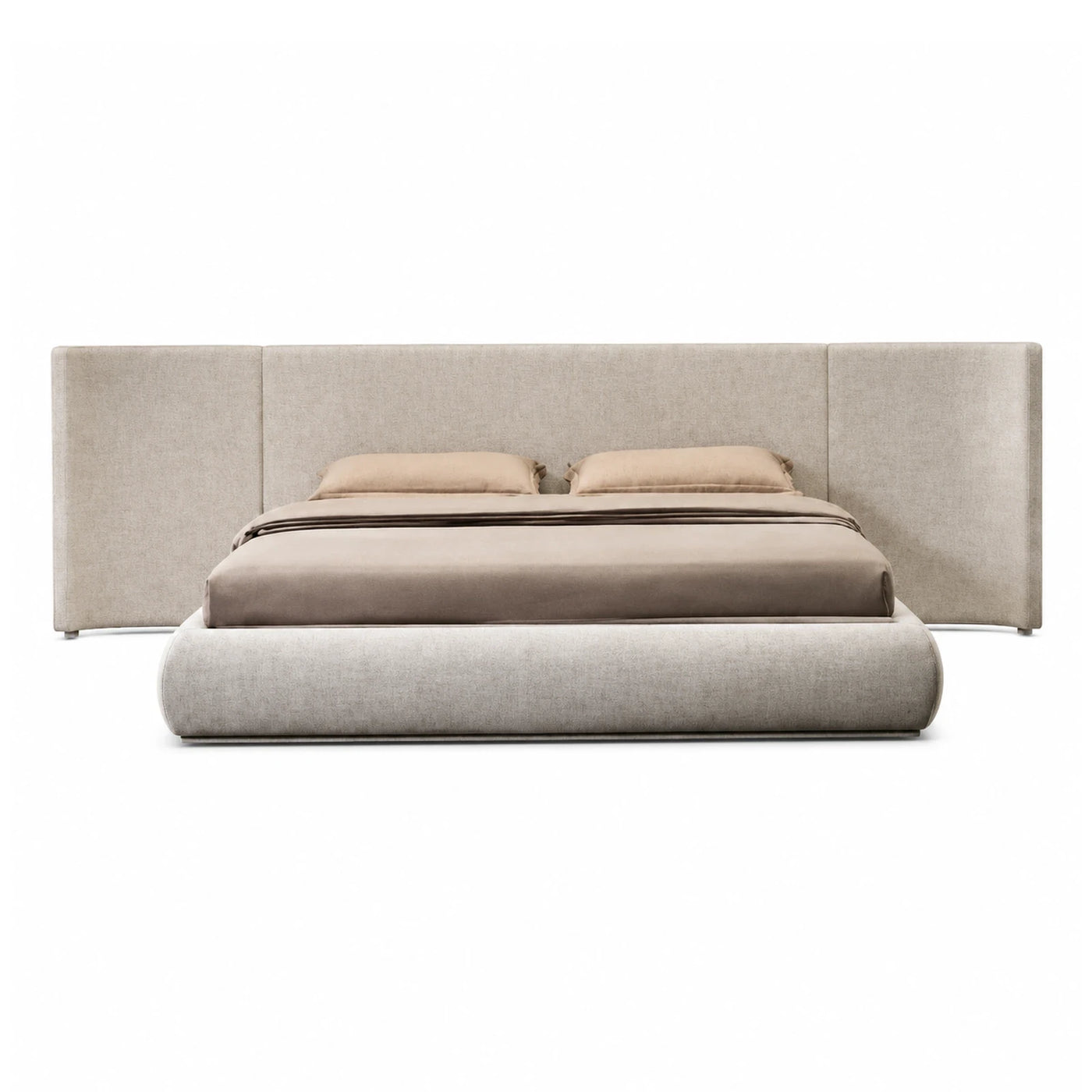 Beige Upholstered Platform Bed with Wide Headboard