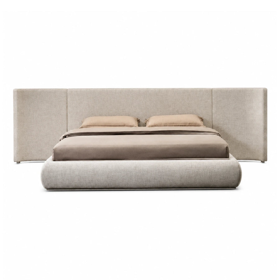 Beige Upholstered Platform Bed with Wide Headboard