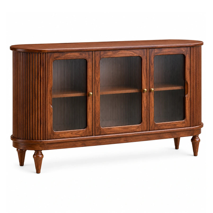 Walnut Wood Sideboard with Fluted Glass Doors