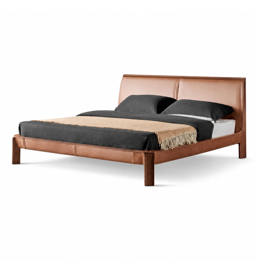 Brown Leather Upholstered Platform Bed with Wooden Frame