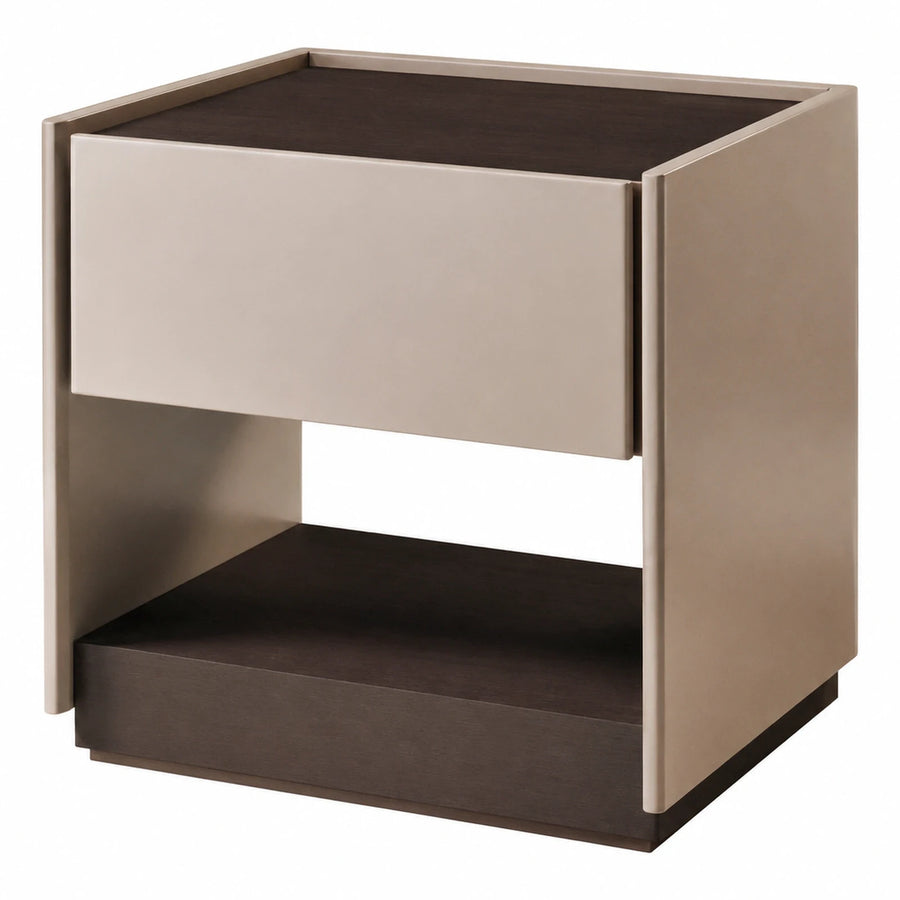 Beige Nightstand with Dark Wood Drawer Shelf