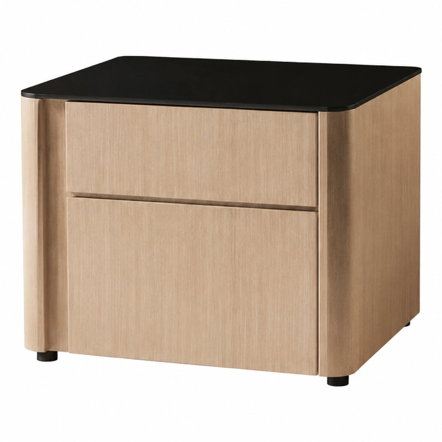 Light Wood Nightstand with Black Top and Drawers