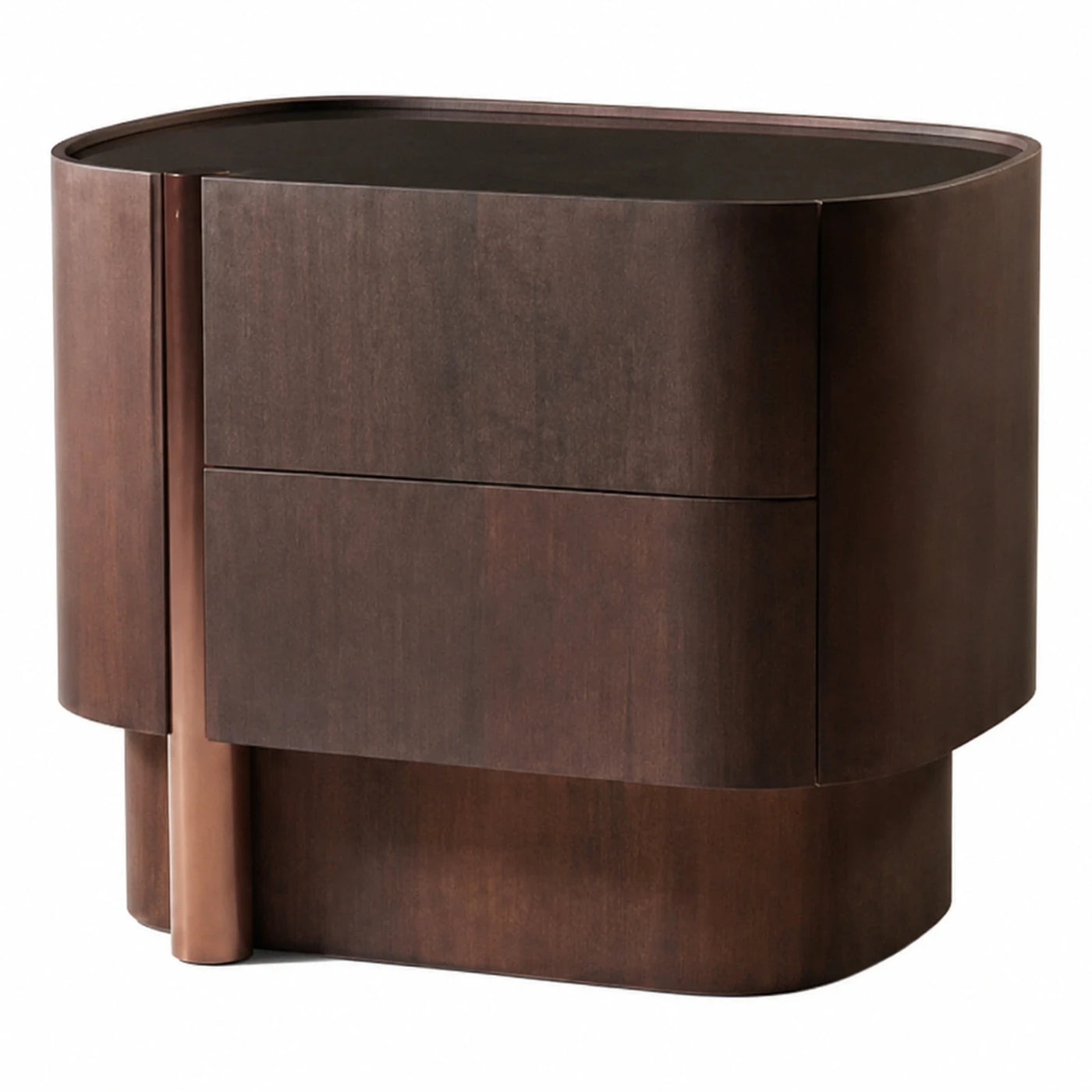 Dark Wood Oval Nightstand with Two Drawers