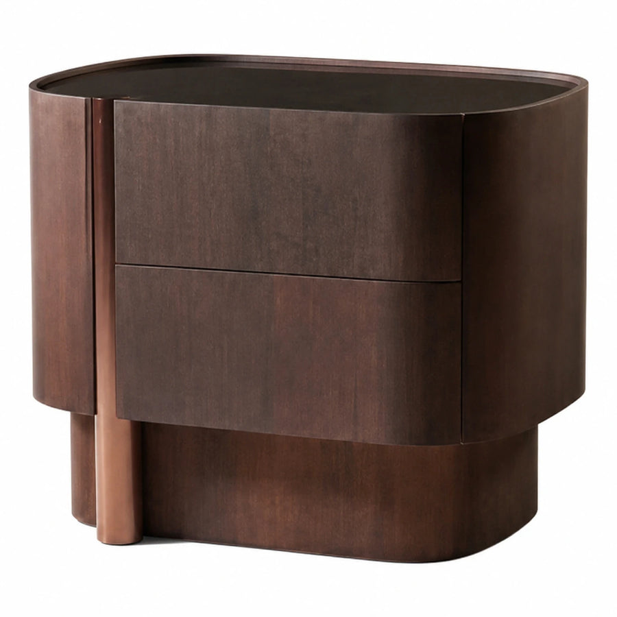 Dark Wood Oval Nightstand with Two Drawers