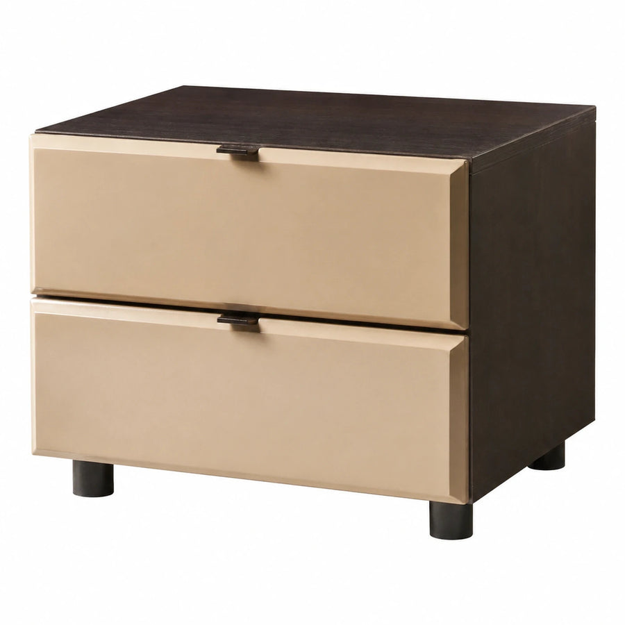 Two-Drawer Nightstand with Beige Fronts and Dark Wood Top