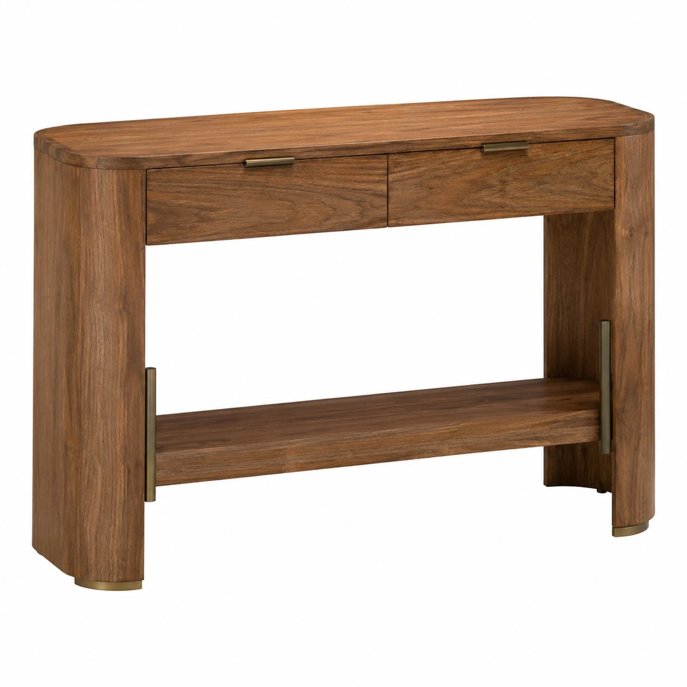 Walnut Wood Console Table with Drawers and Brass Accents
