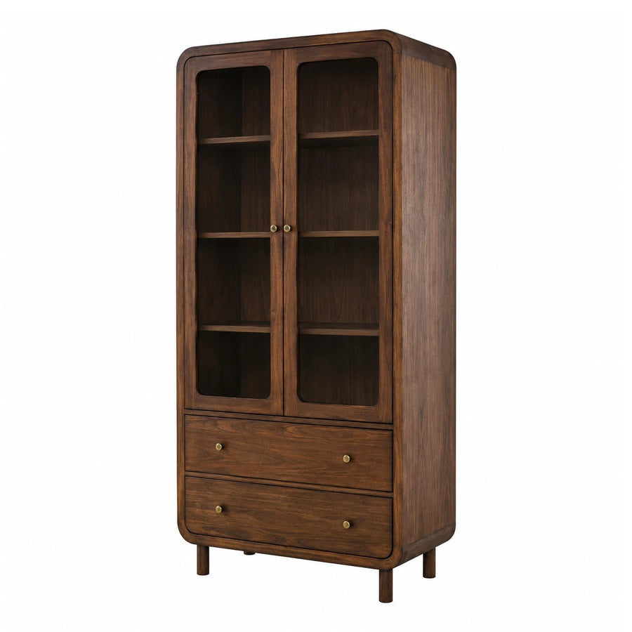 Walnut Wood Display Cabinet with Glass Doors and Drawers