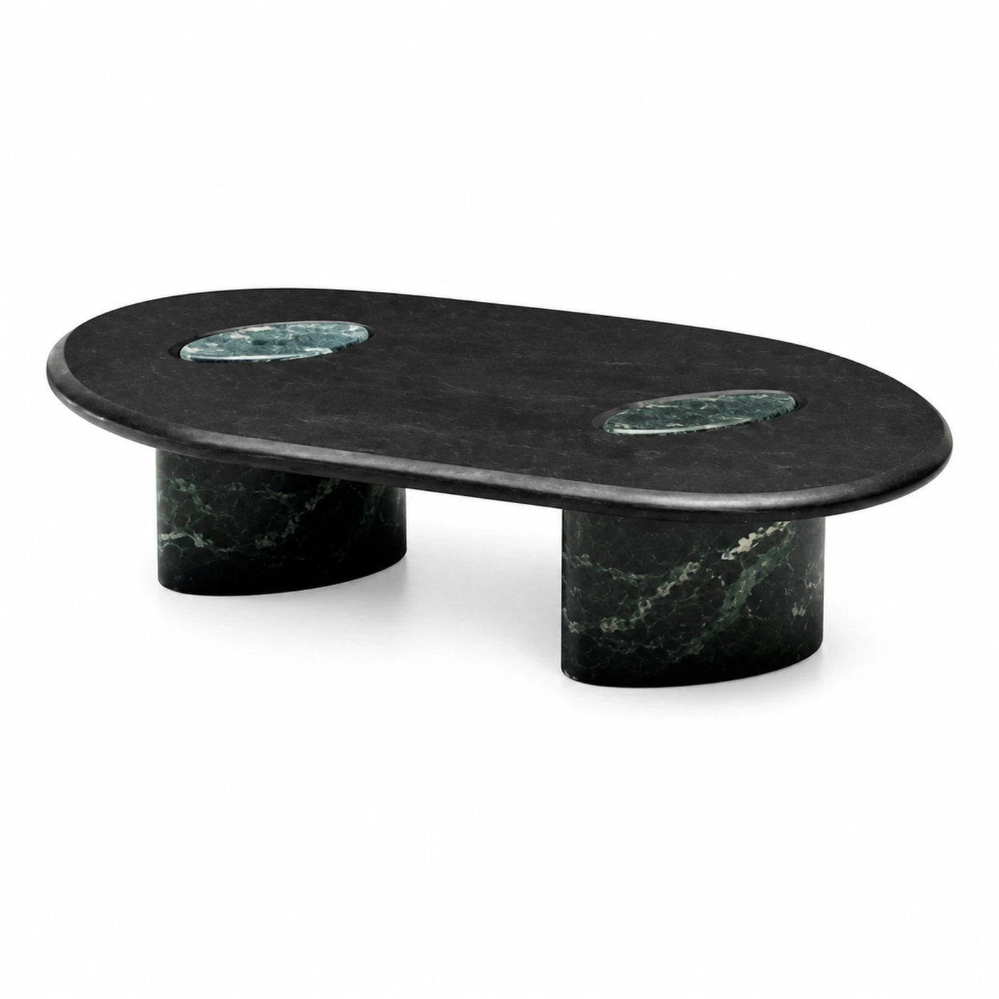 Black Marble Oval Coffee Table with Green Stone Inlays