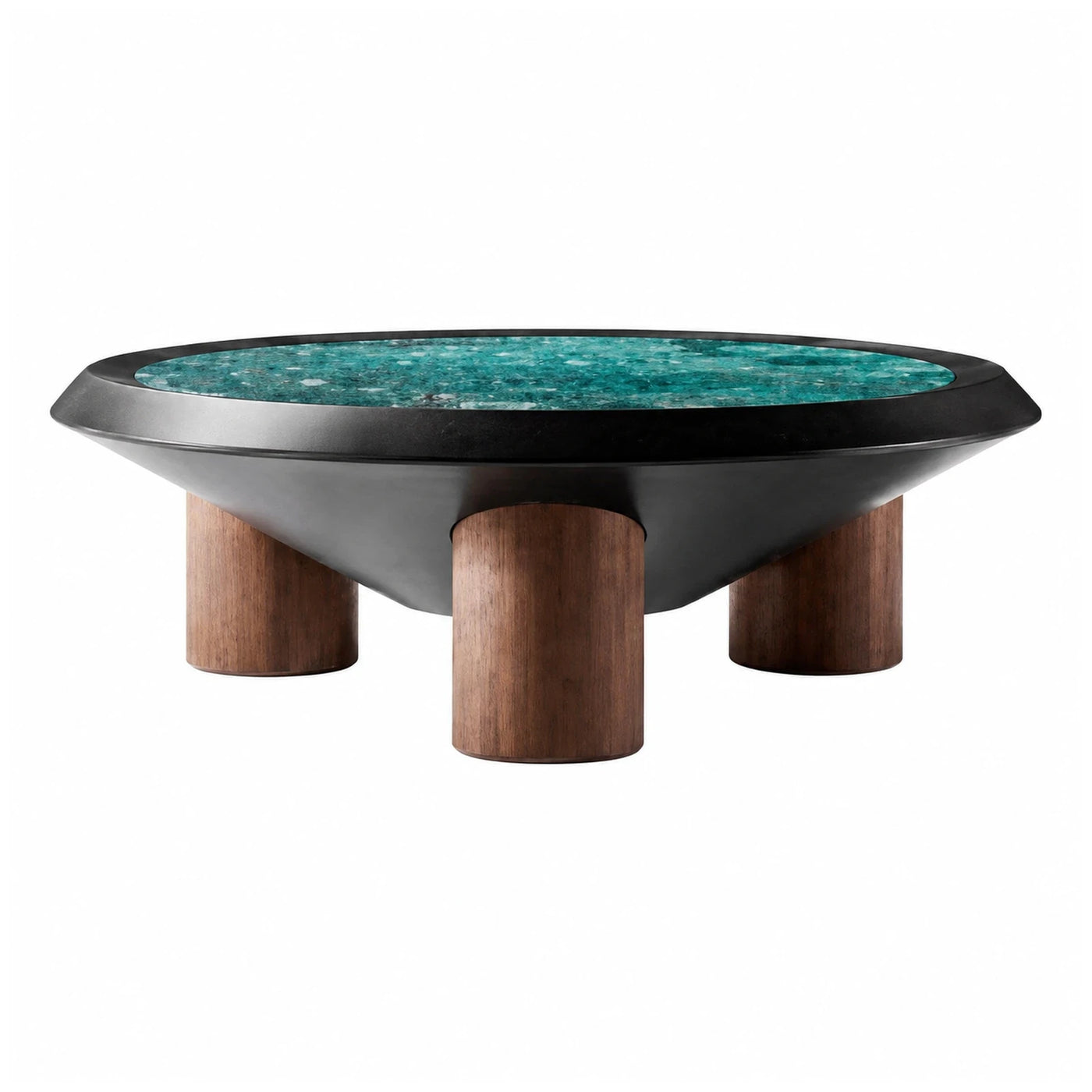 Round Coffee Table with Green Stone Top and Wood Legs