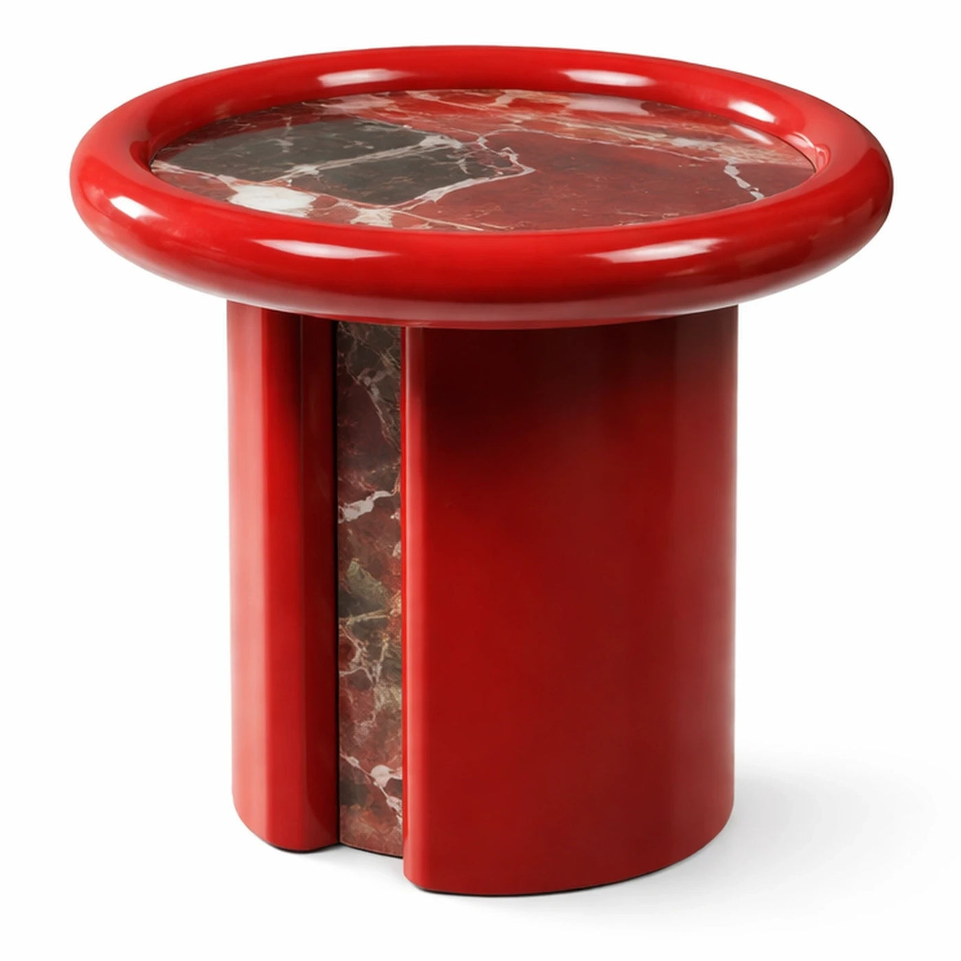 Red Glossy Round Side Table with Marble Inlay