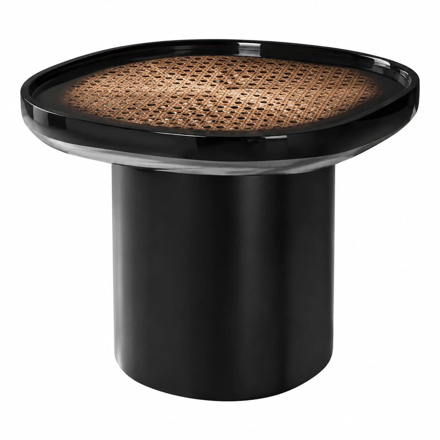 Black Round Side Table with Rattan Inlay