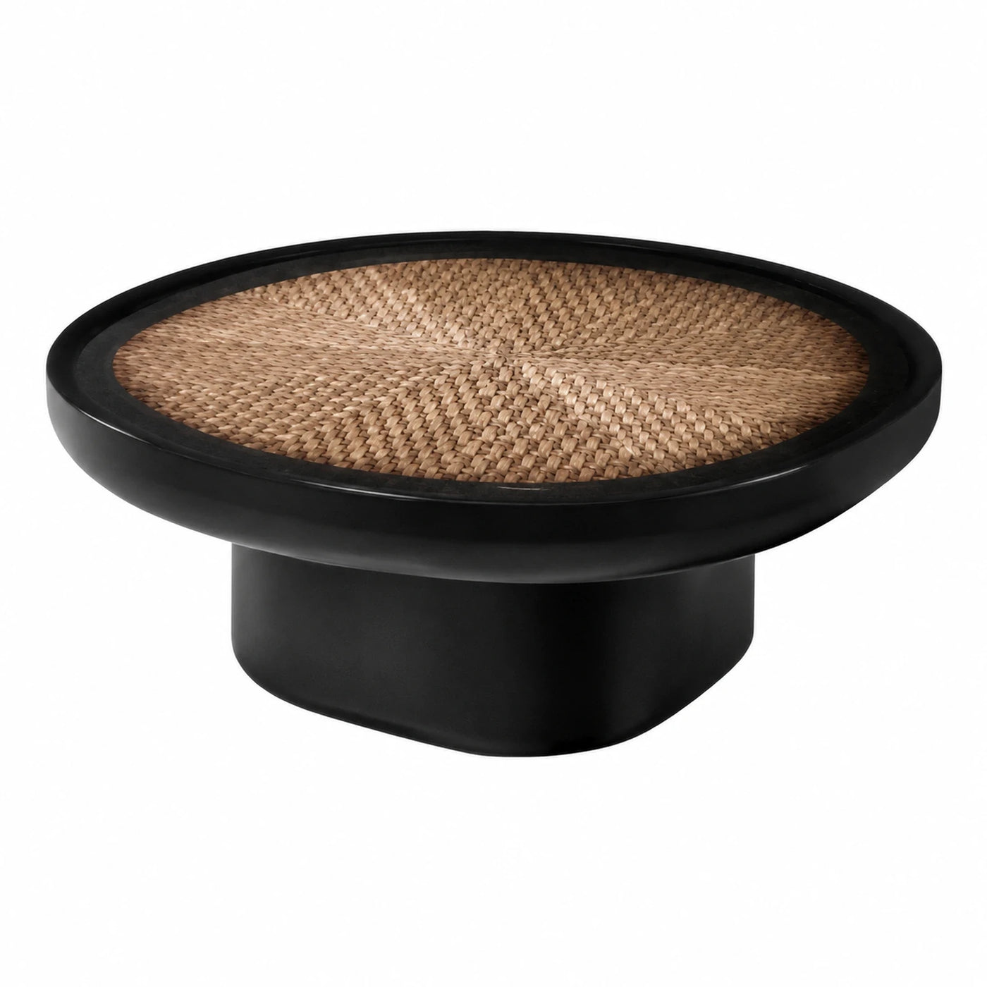 Black Round Coffee Table with Woven Rattan Top