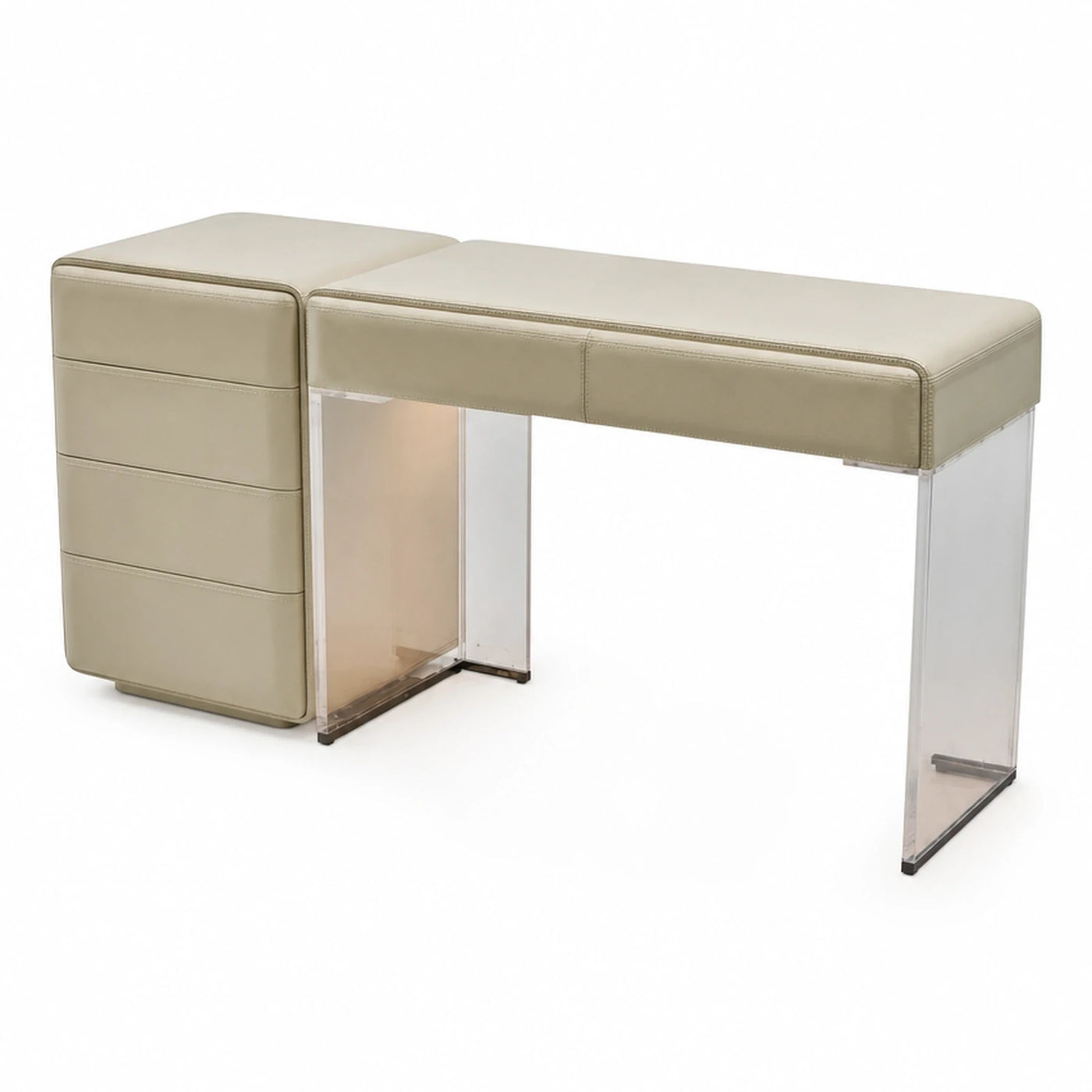 Beige Leather Vanity Desk with Acrylic Legs