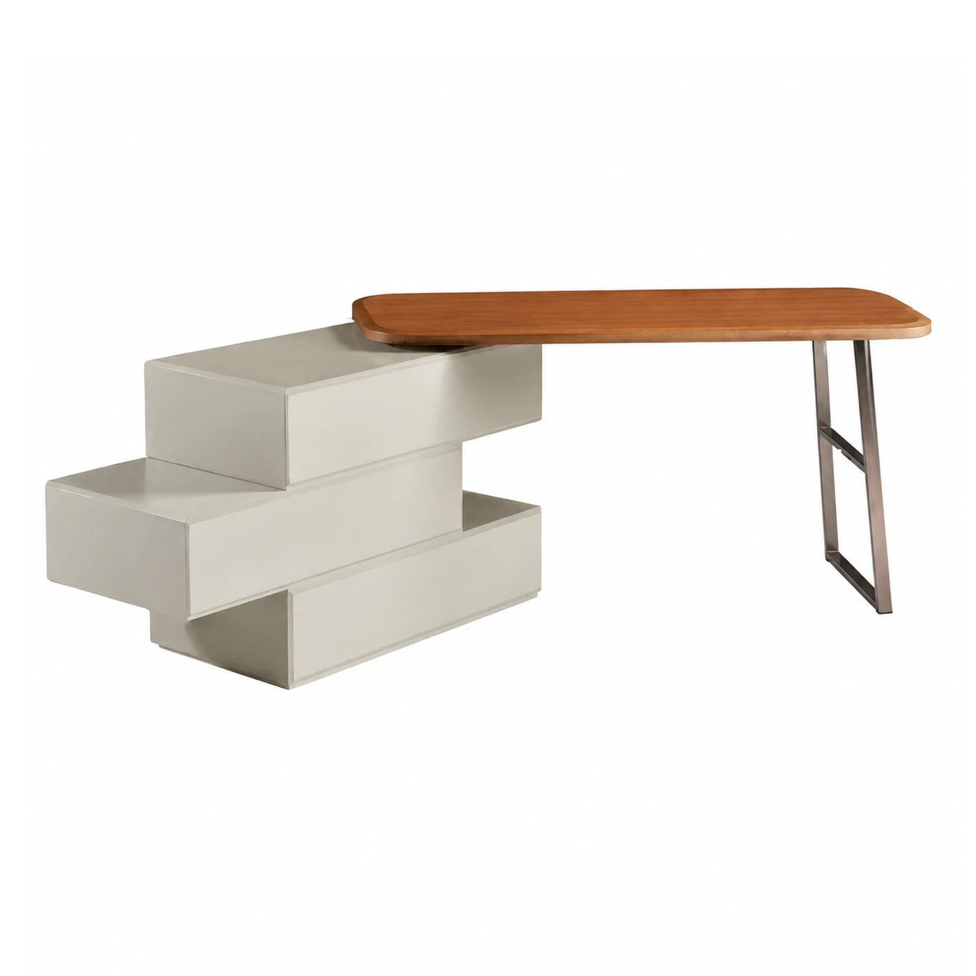 Modern L-Shaped Desk with White Storage and Wood Top