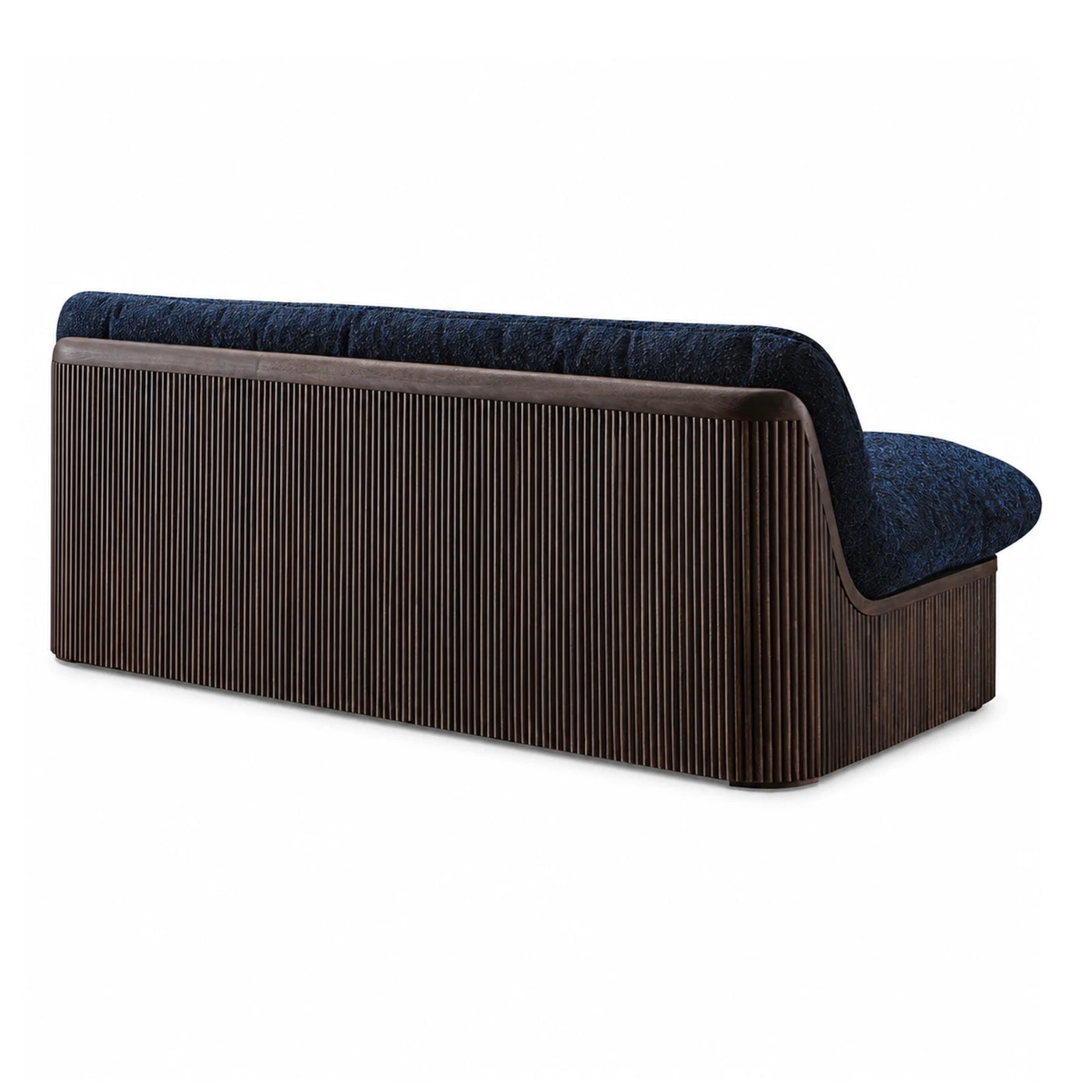 Dark Wood Fluted Back Blue Fabric Sofa