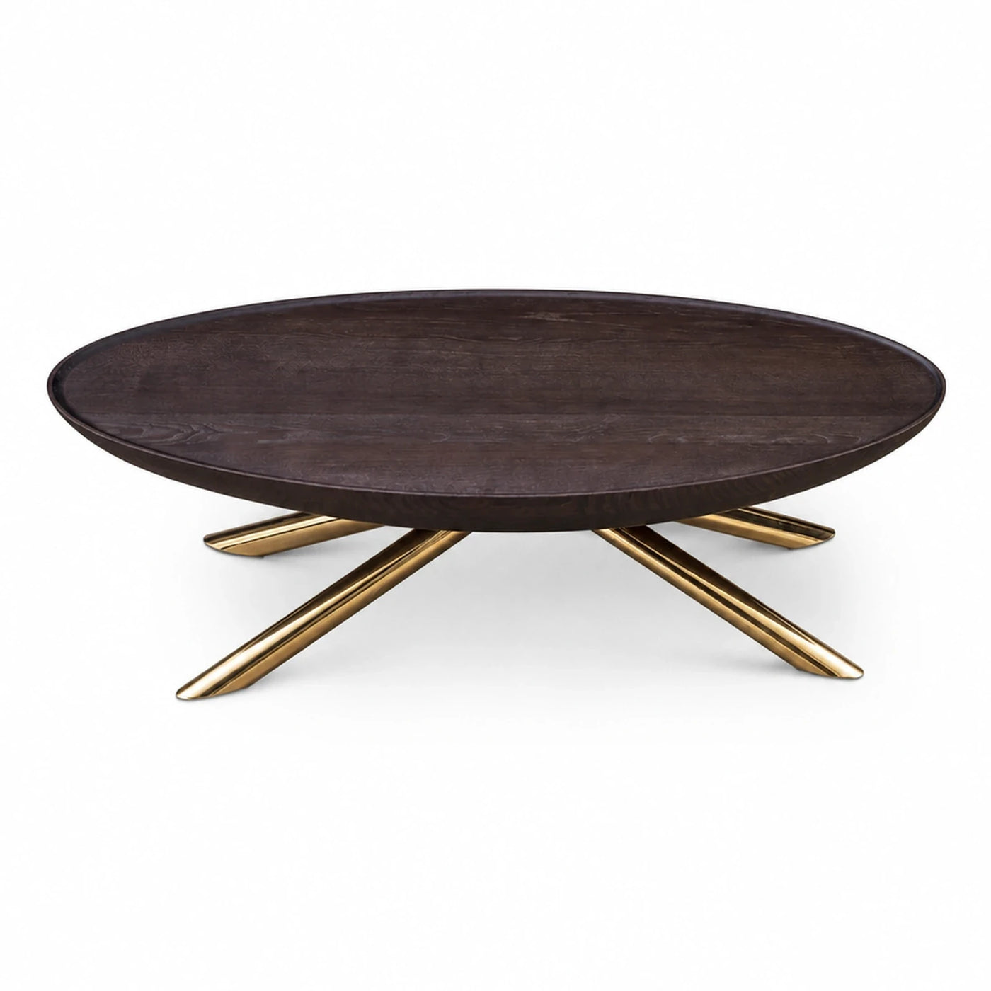 Round Dark Wood Coffee Table with Gold Metal Base