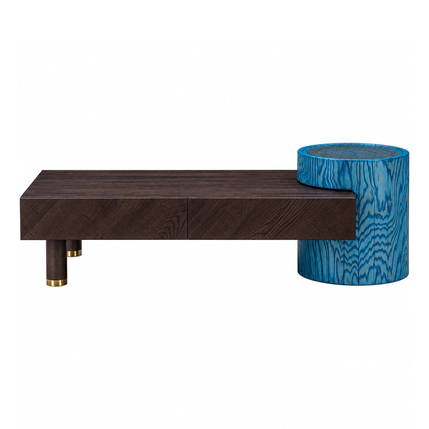 Dark Wood Coffee Table with Blue Cylindrical Side Table