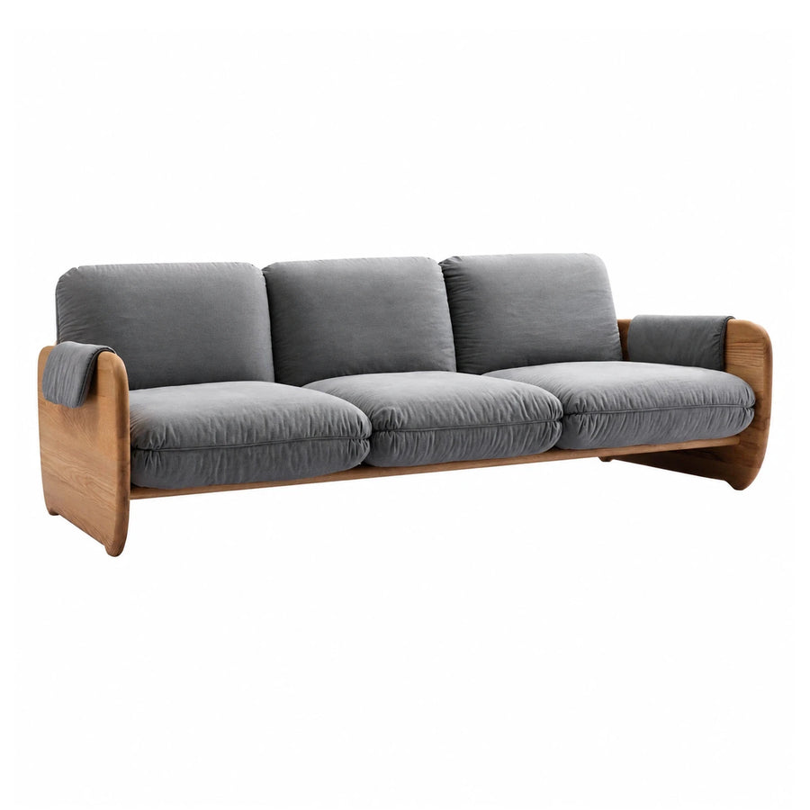 Grey Fabric Three-Seater Sofa with Wooden Frame