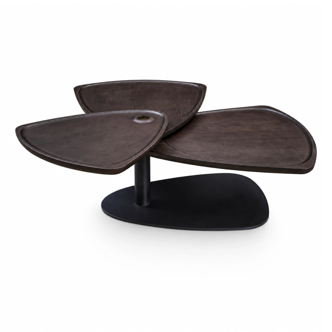 Dark Wood Triangular Coffee Table with Black Base