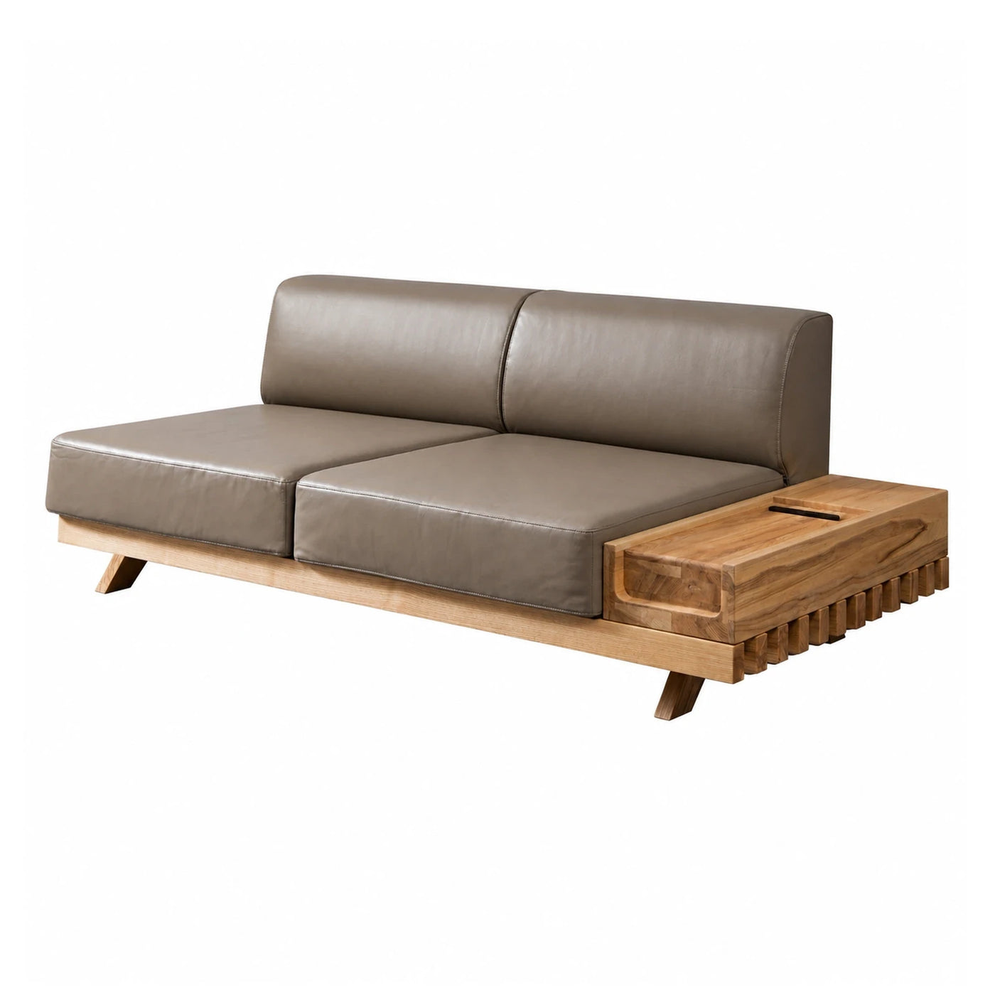 Modern Grey Leather Sofa with Wooden Side Table