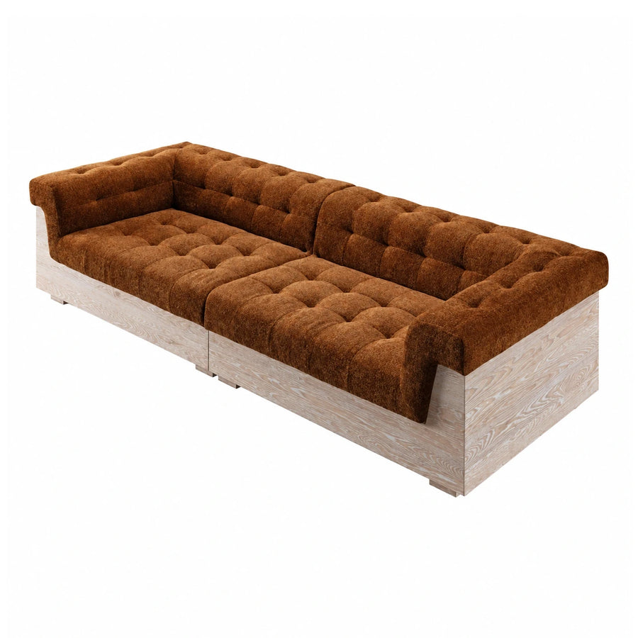 Brown Tufted Sofa with Light Wood Base