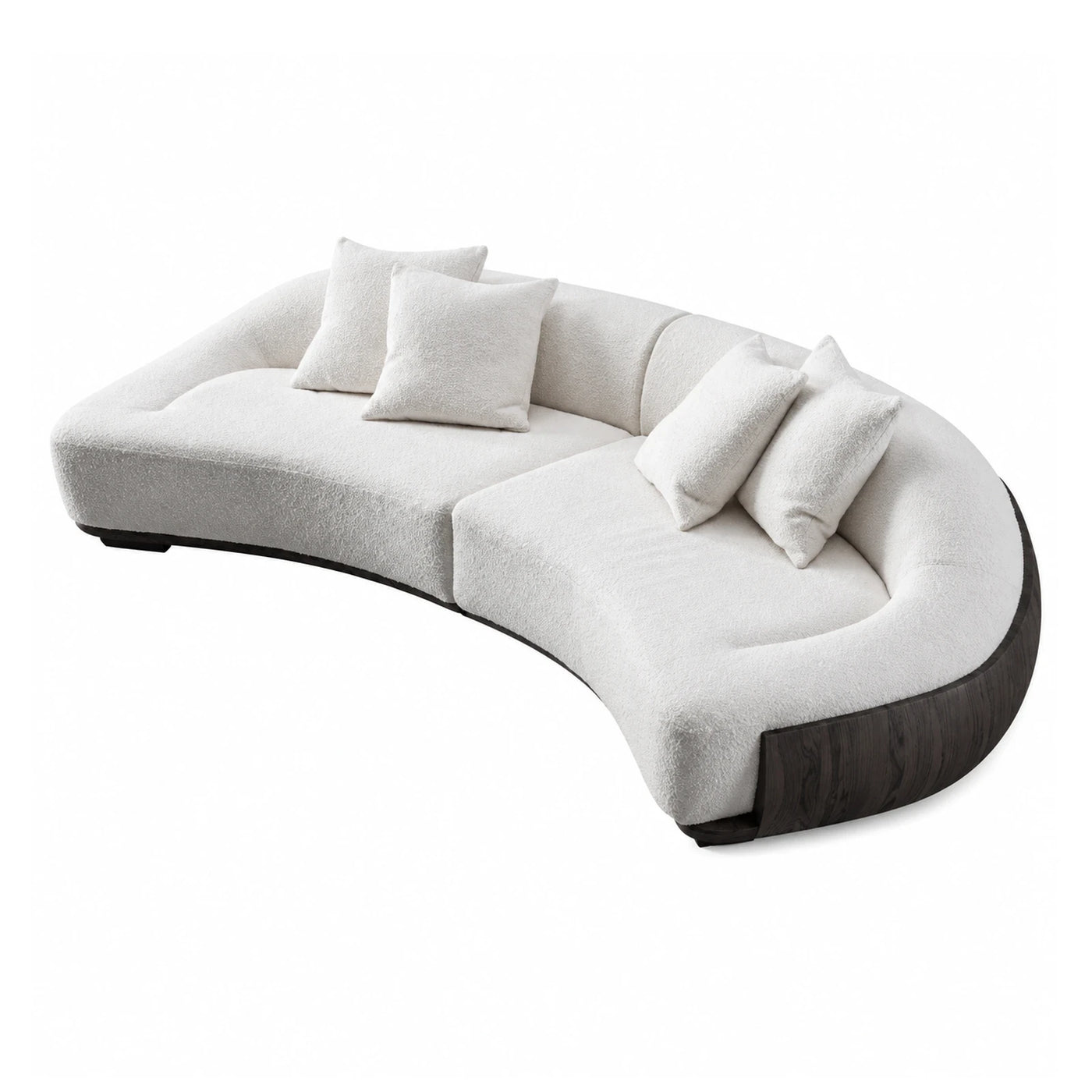 Curved White Boucle Sectional Sofa with Dark Wood Base
