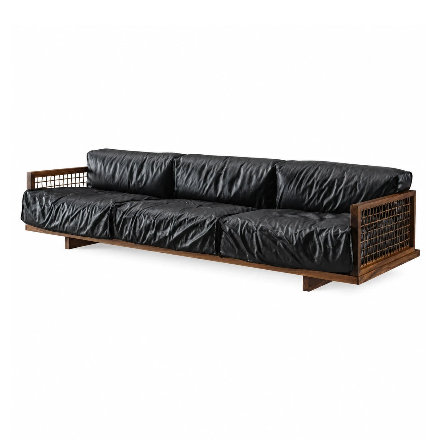 Black Leather Sofa with Walnut Wood Frame and Cane Webbing