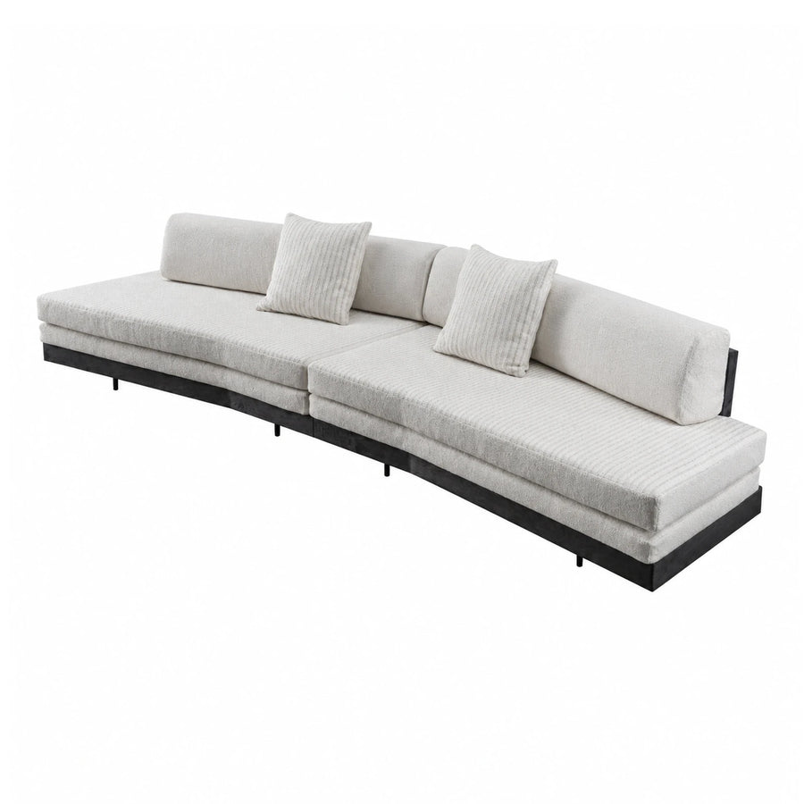 Modern Curved Cream Fabric Sofa with Dark Wood Base