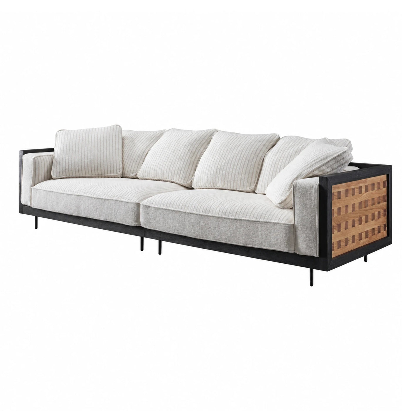Modern Cream Fabric Sofa with Wood Panel Detail