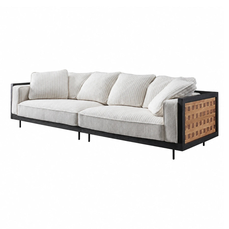 Modern Cream Fabric Sofa with Wood Panel Detail