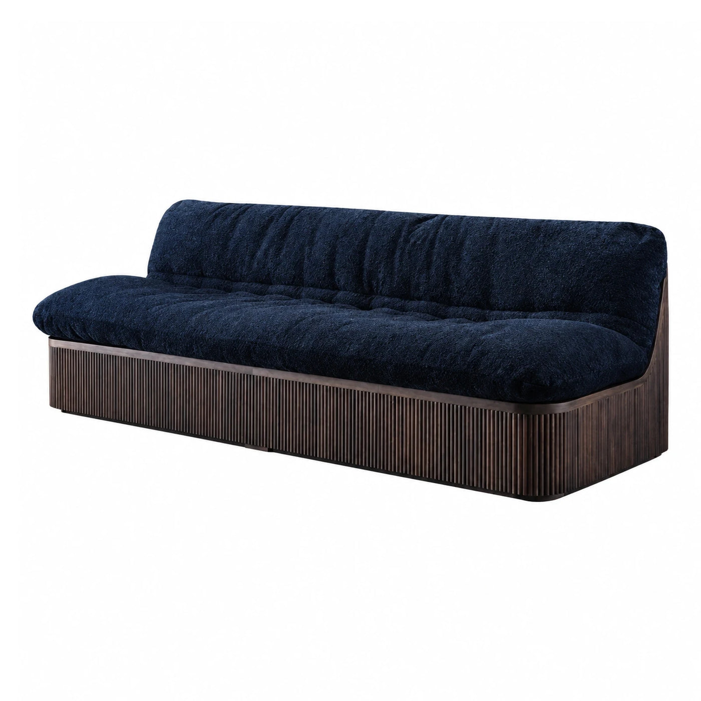 Dark Blue Boucle Sofa with Fluted Wood Base