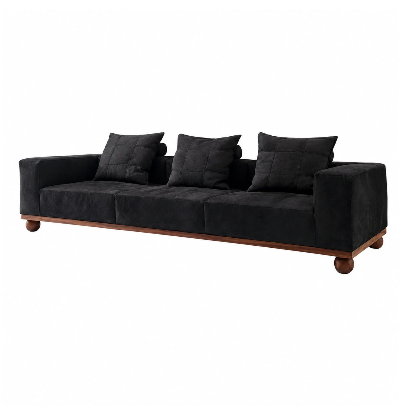Black Fabric Sofa with Wooden Base and Ball Feet