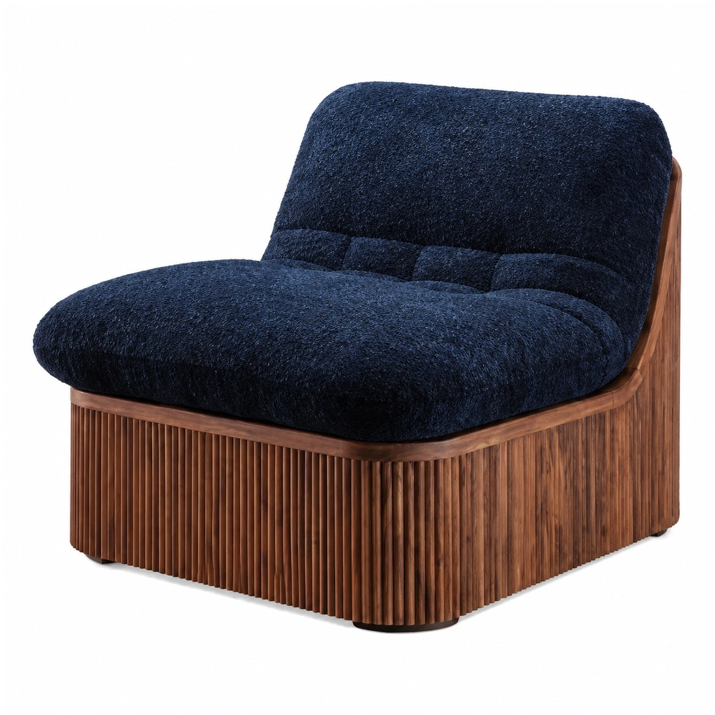 Navy Blue Boucle Lounge Chair with Fluted Wood Base