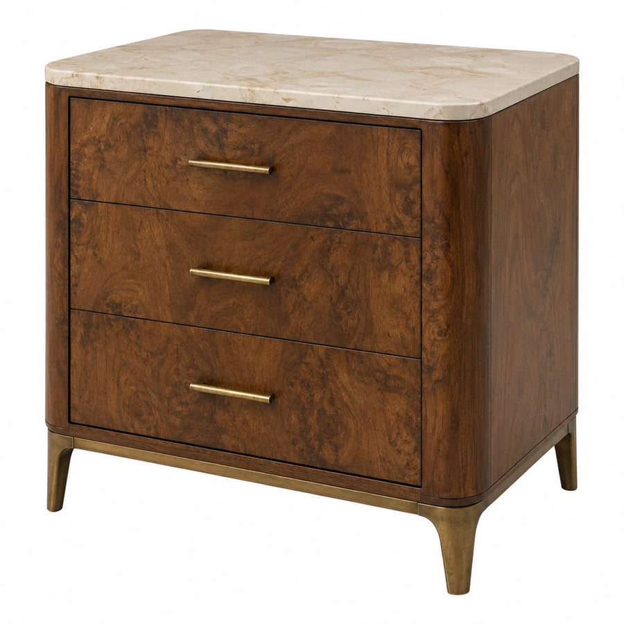 Walnut Wood Nightstand with Marble Top and Brass Legs