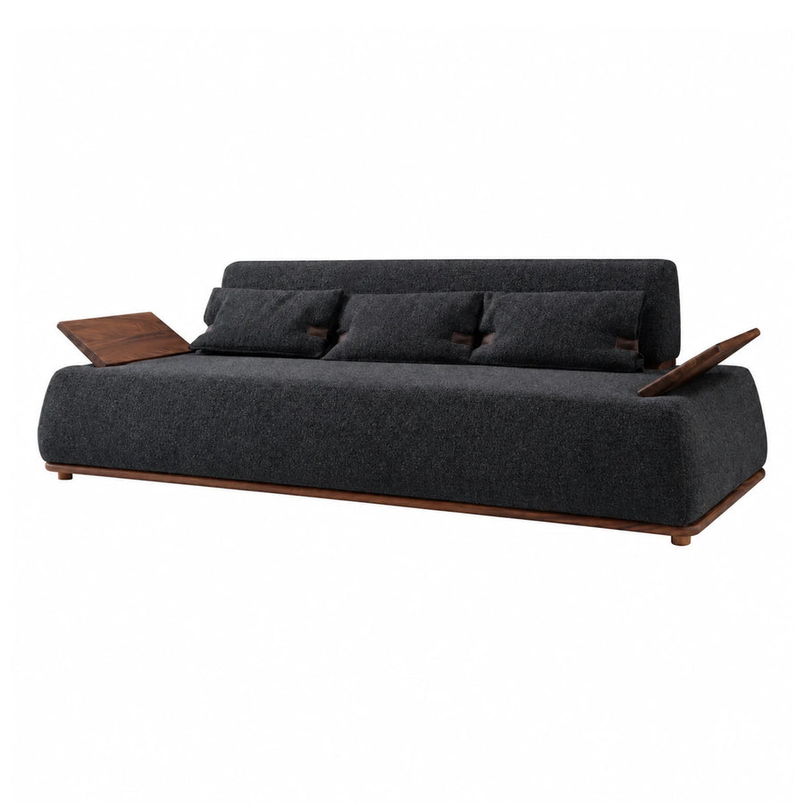 Dark Grey Fabric Sofa with Wooden Side Tables
