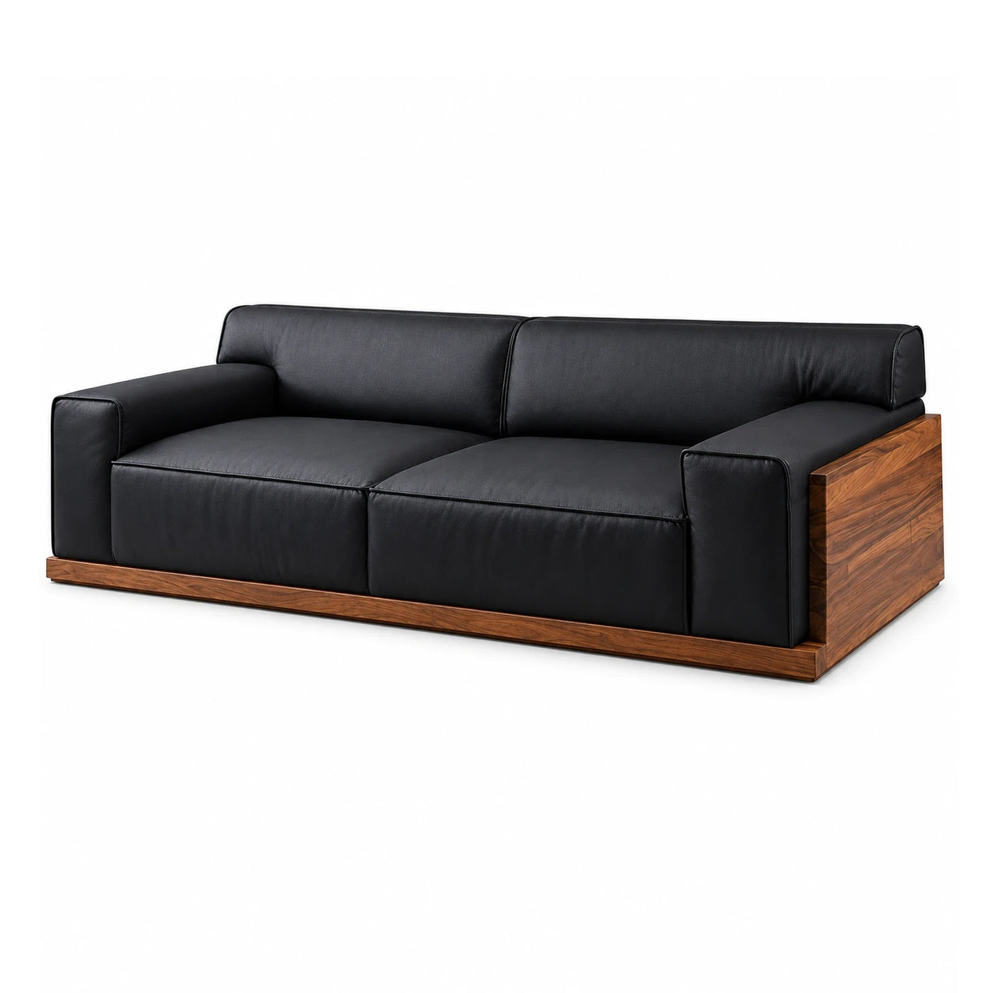 Black Leather Sofa with Walnut Wood Base