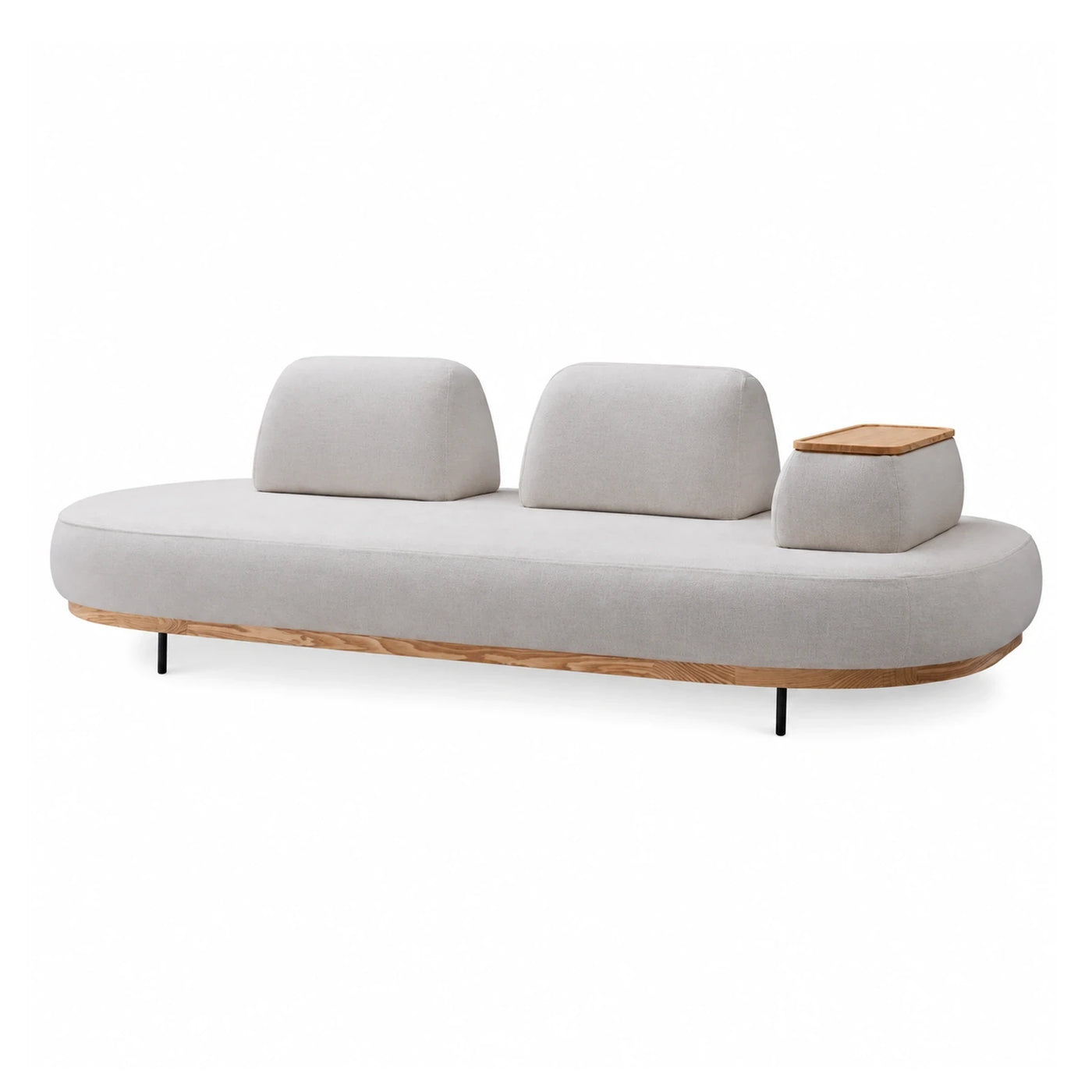 Curved Light Grey Fabric Sofa with Wood Base