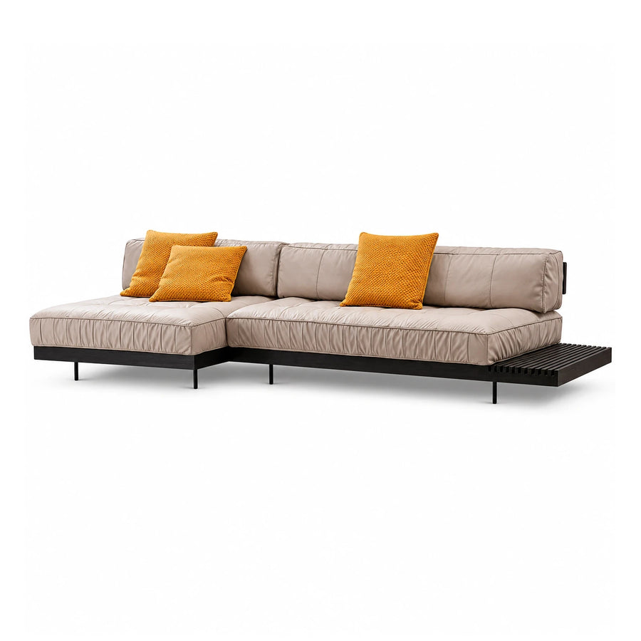 Beige Leather L-Shaped Sectional Sofa with Dark Wood Base